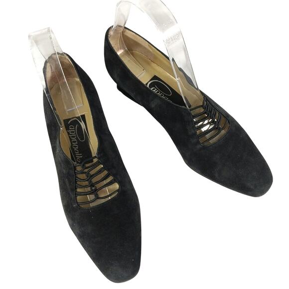 PAPPAGALLO! BLACK GENUINE SUEDE LEATHER, ELASTIC CRISS-CROSS LOW HEELS! SZ 6.5M - Picture 1 of 8